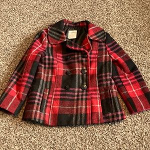 Red plaid pea coat